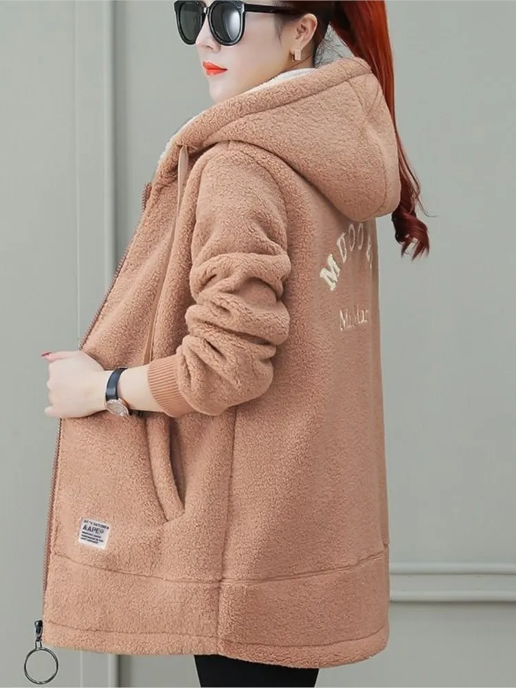 Street-wave Women Mid-Length Fleece Coat With Hood Zip Front Cozy Warmth For Everyday Wear
