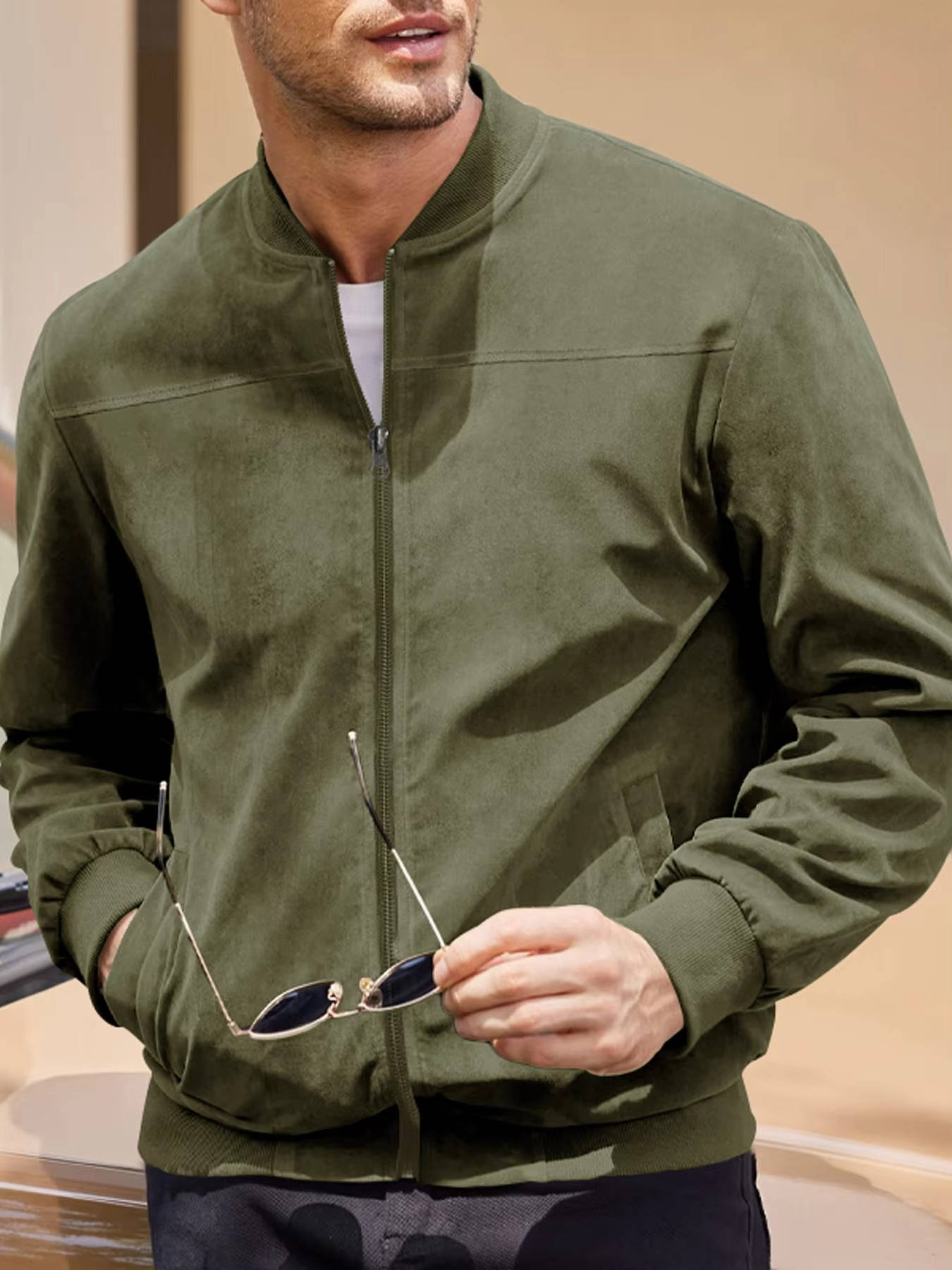 Mens Suede Bomber Jacket Windproof Warmth Without Bulk For Modern Style All Season Ready