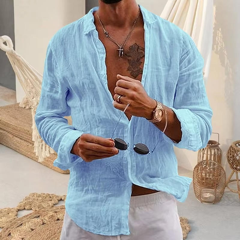 Street-Wave Mens Linen Long Sleeve Shirt Breathable Lightweight Casual Daily Wear Top Natural Beige