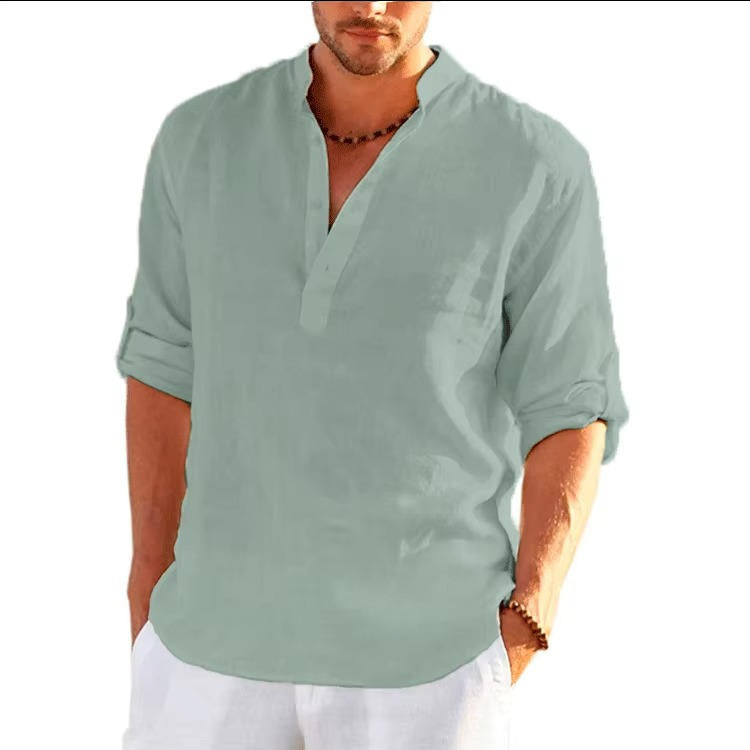 Men's Linen Henley Shirt With Rolled Sleeves Breathable Lightweight Casual Summer Style By Street-Wave