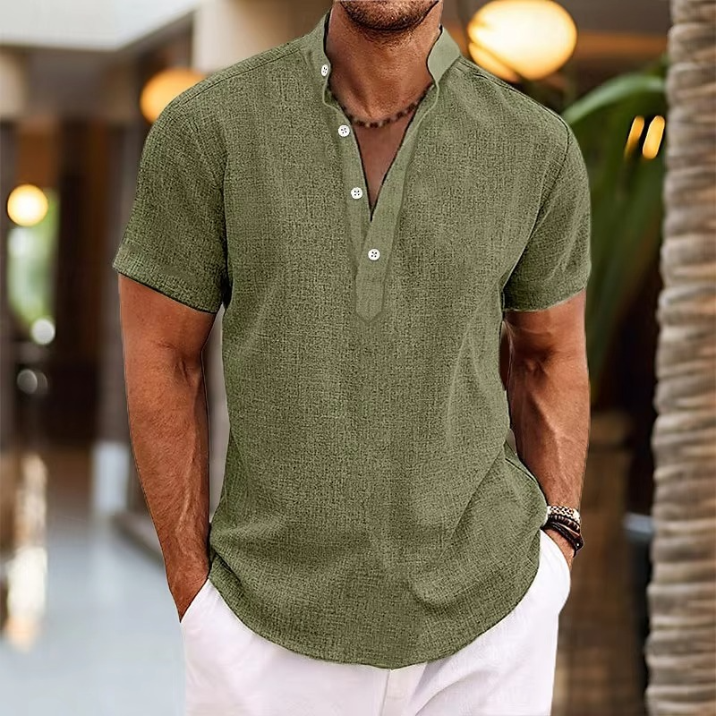 Men's Short Sleeve Linen Henley Shirt Casual Everyday Top With Button Placket Breathable Lightweight Fabric