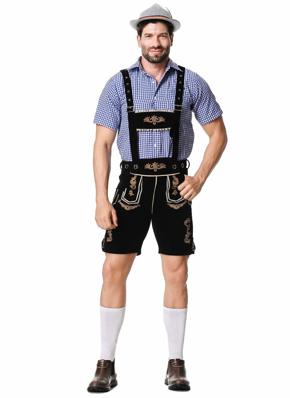 Street-Wave Lederhosen Short Men Full Set Bavarian Oktoberfest Costume With Embroidered Suspenders