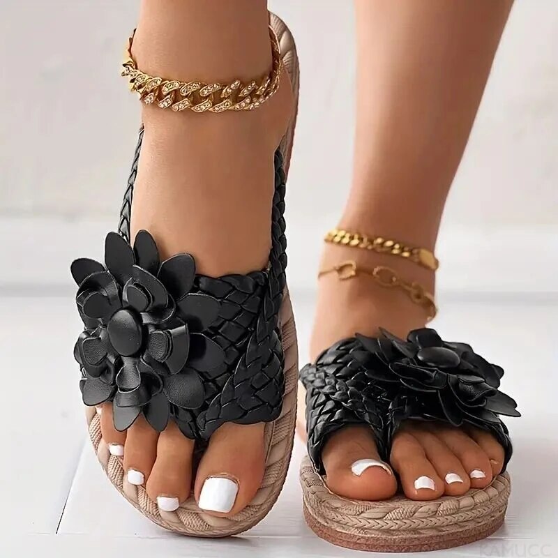 Street-wave Charie Boho Sandals With Braided Floral Strap Comfortable All Day Wear For Women