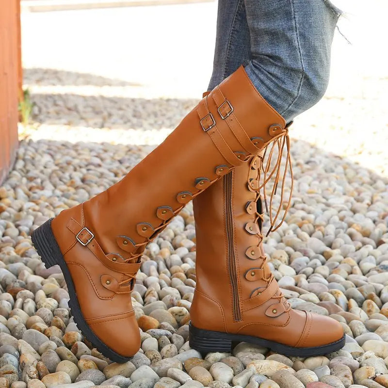 Street Wave Ritter Knee High Biker Boots With Belt Buckle Cross Straps For Women Who Love Edgy Style