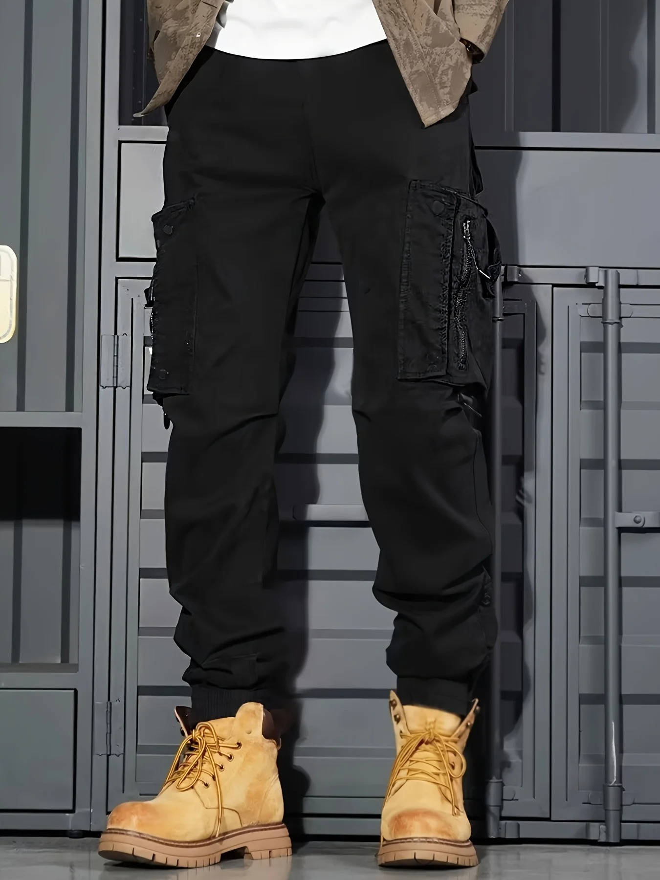 Street-Wave Mens Cargo Jogger Pants With Multiple Pockets Durable Khaki Tactical Style For Outdoor Wear