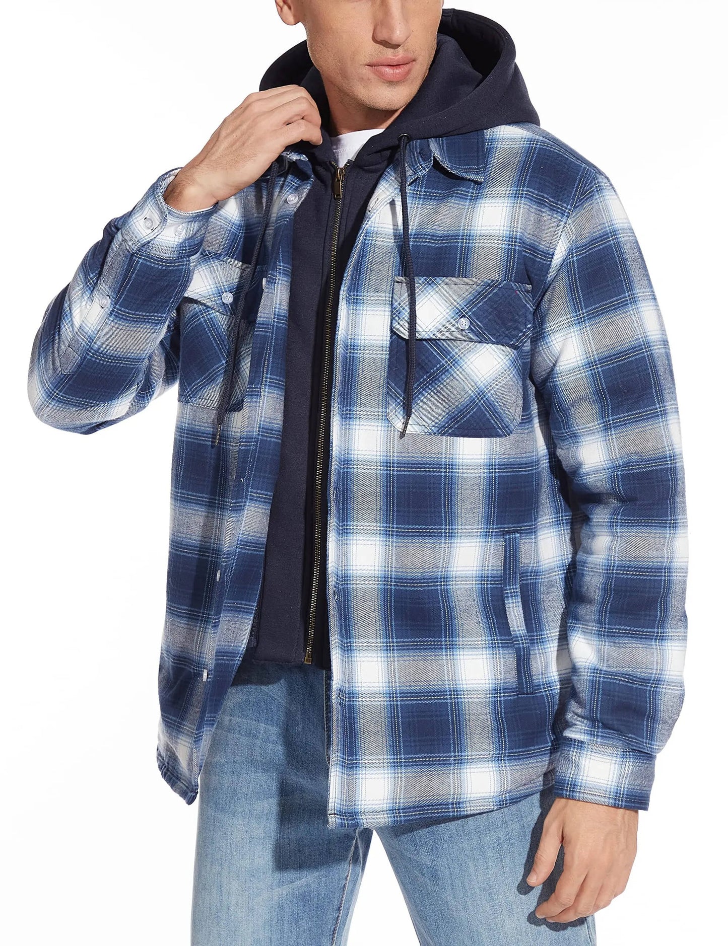 Street-Wave Mens Hooded Plaid Bomber Jacket With Zip Front And Warm Lining For Everyday Wear