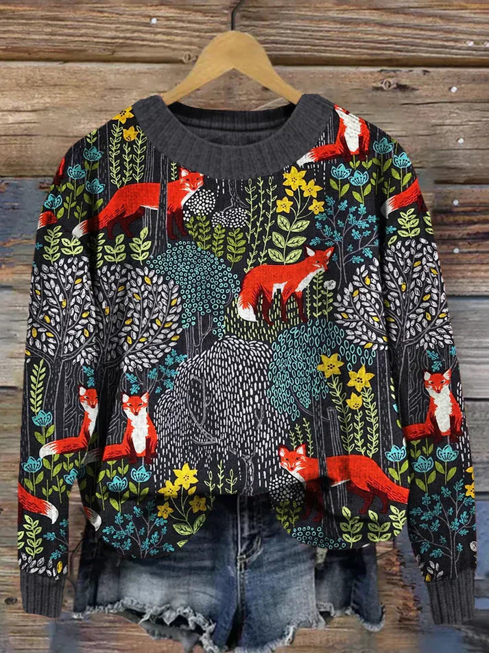 Street-wave Rosie Vintage Fox Print Sweater for Women Cozy Knit with Woodland Forest Charm