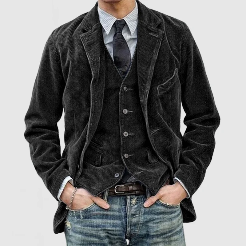 Nordisk-Flair Men's Two Piece Corduroy Blazer and Vest Set with Notch Lapel Relaxed Fit