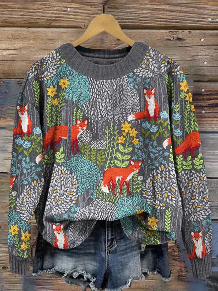 Street-wave Rosie Vintage Fox Print Sweater for Women Cozy Knit with Woodland Forest Charm