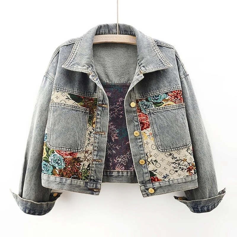 Street-Wave Floral Denim Jacket For Women Hand Painted Flowers Organic Cotton Boho Vintage Style