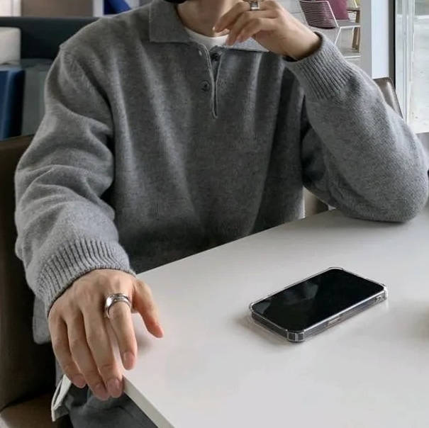 Street-Wave Mens Korean Style Long Sleeve Knit Polo Collar Sweater Black Versatile Everyday Casual Wear