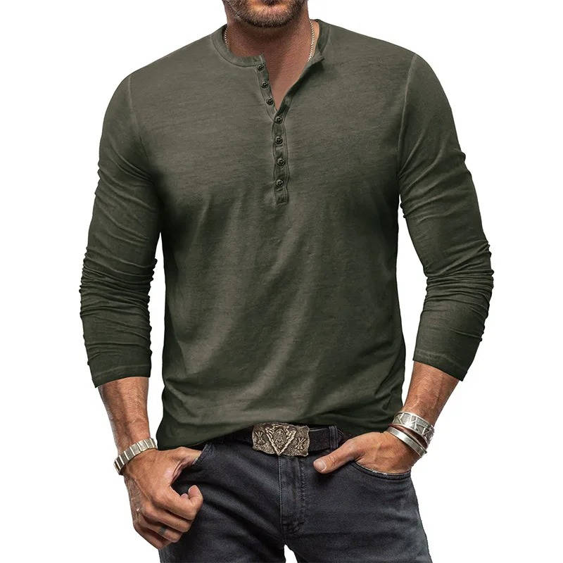 Street-Wave Mens Long Sleeve Henley Shirt Cotton Stretch Fit For Casual Everyday Wear