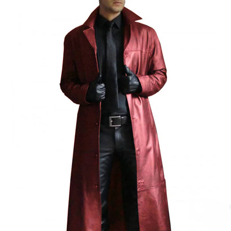 Mens Long Leather Trench Coat For Men Premium Full Grain Leather Classic Windproof Outerwear