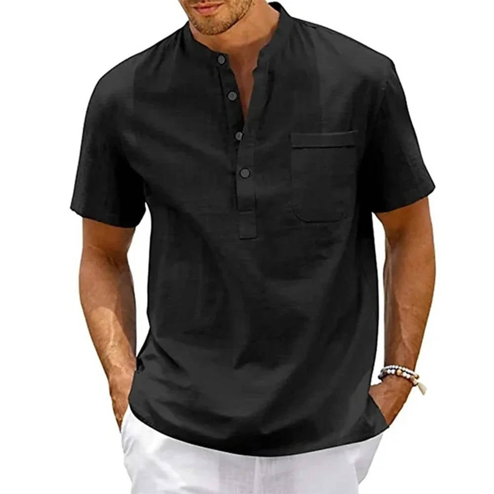 Beige Men's Linen Henley Shirt Short Sleeves Lightweight Relaxed Fit Casual Summer Top With Chest Pocket