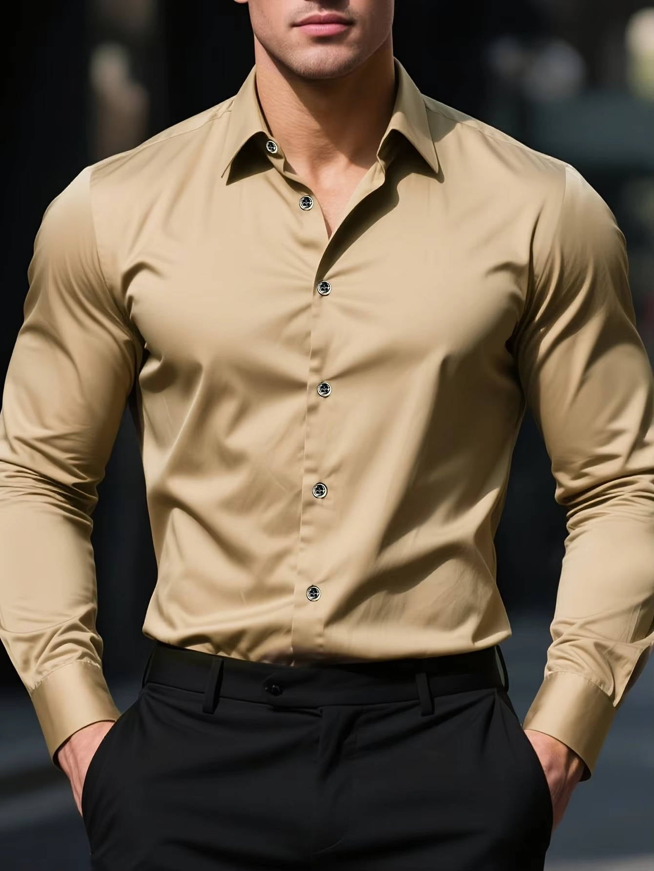 Street-Wave Mens Long Sleeve Button Down Shirt With Cuffs Slim Fit Dress Shirt For Office And Casual