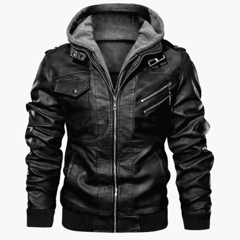 Men's Leather Jacket Hooded With Slim Fit Bomber Style Zipper Pockets And Ribbed Hem