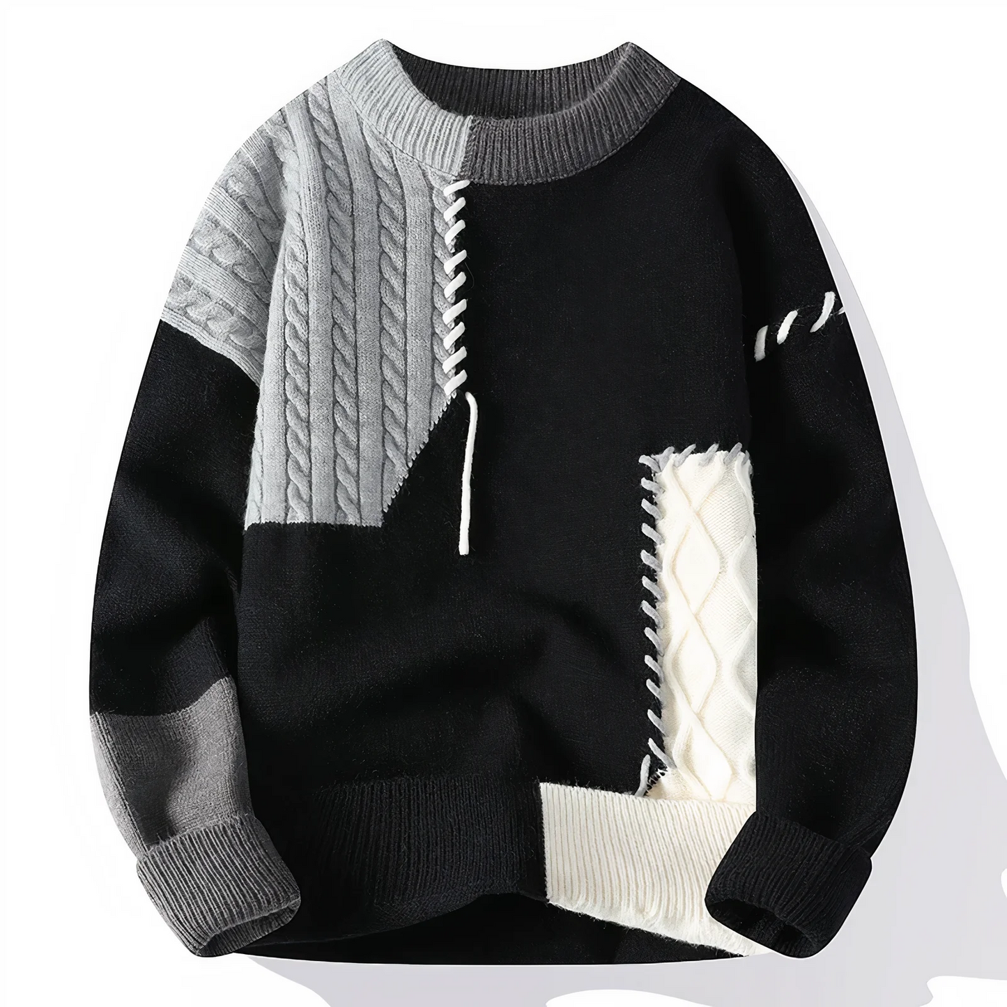Street-Wave Men's Patchwork Fringe Wool Blend Sweater Relaxed Fit