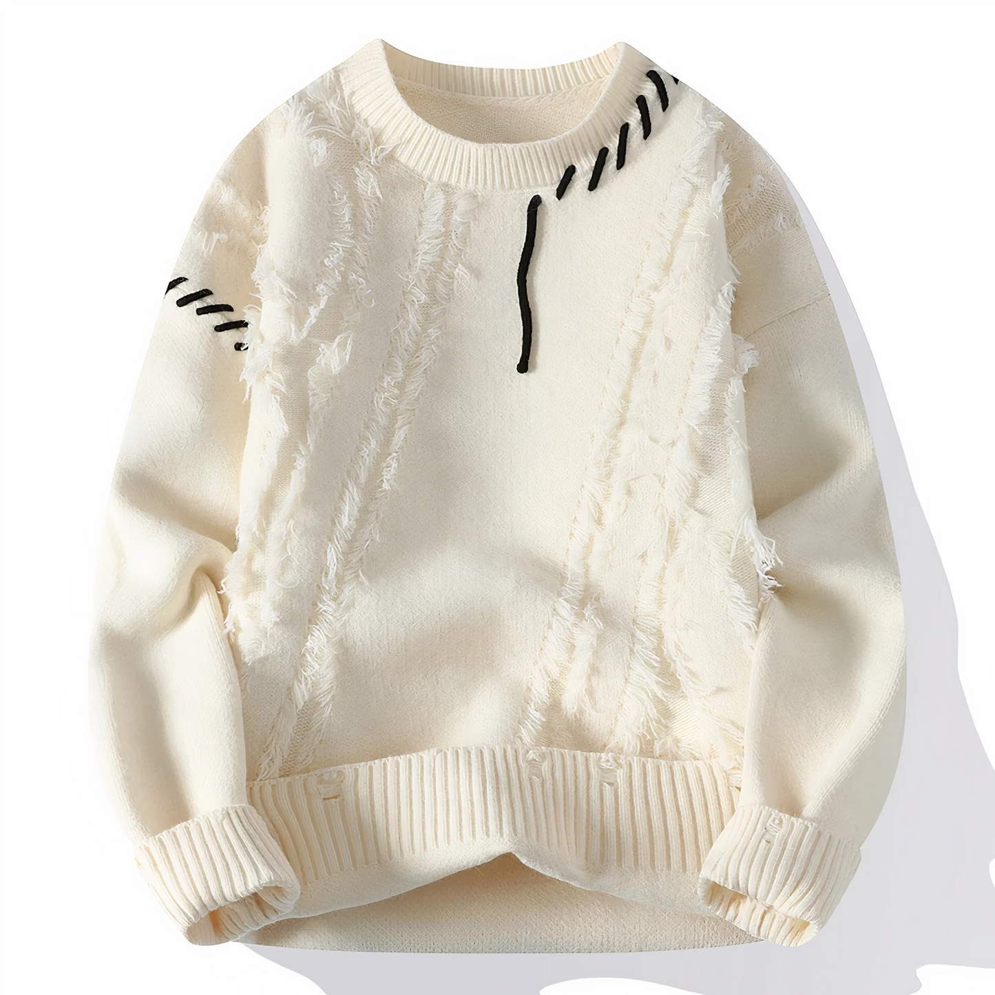 Street-Wave Men's Patchwork Fringe Wool Blend Sweater Relaxed Fit