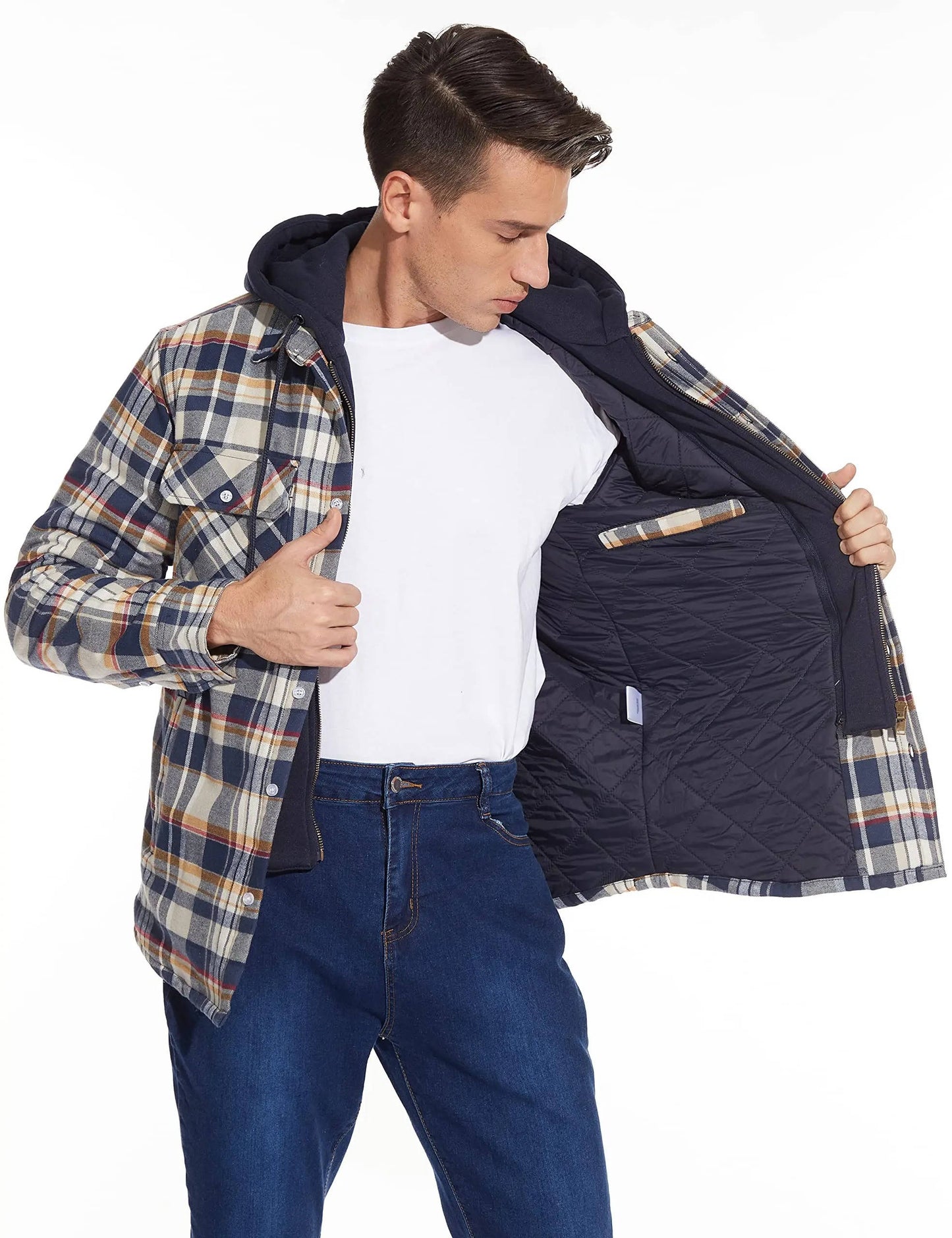 Street-Wave Mens Hooded Plaid Bomber Jacket With Zip Front And Warm Lining For Everyday Wear