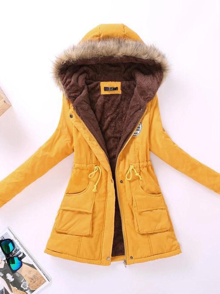 Street-wave Women Parka Jacket With Warm Lining Fur Trim Hood Zipper And Buttons Adjustable Waist