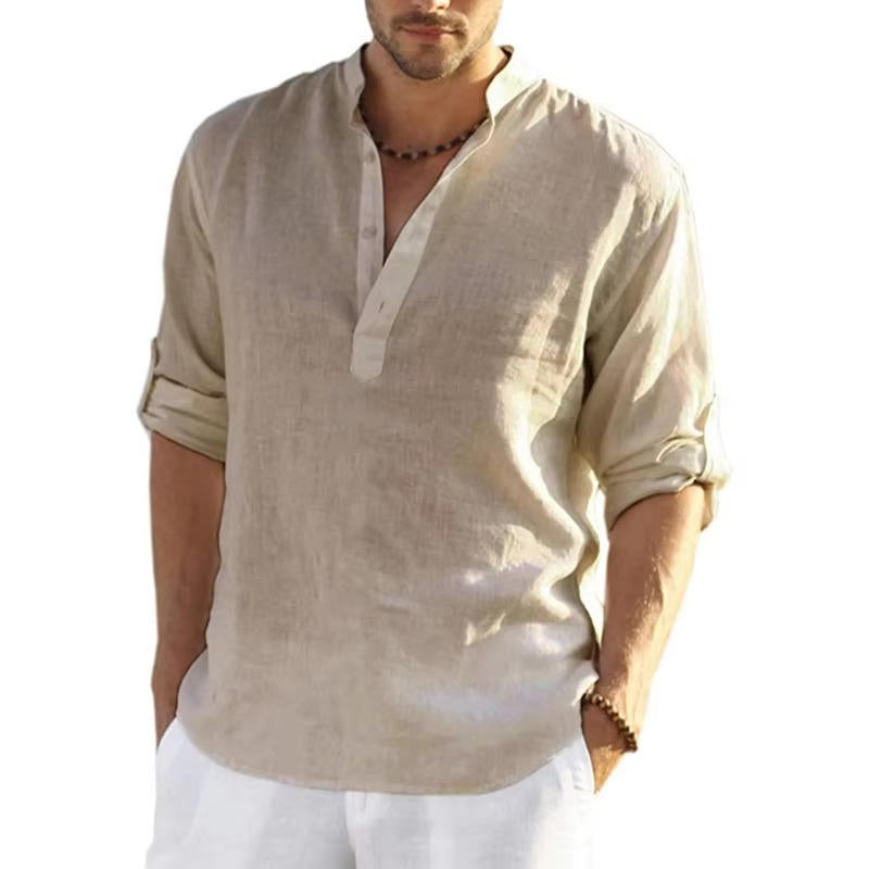 Men's Linen Henley Shirt With Rolled Sleeves Breathable Lightweight Casual Summer Style By Street-Wave