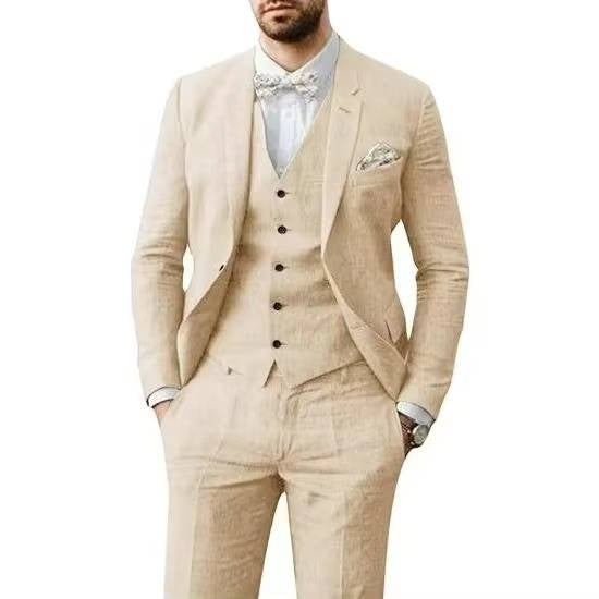 Men's Casual Linen Suit With Vest In Light Blue For Summer Weddings By Street-Wave Brand