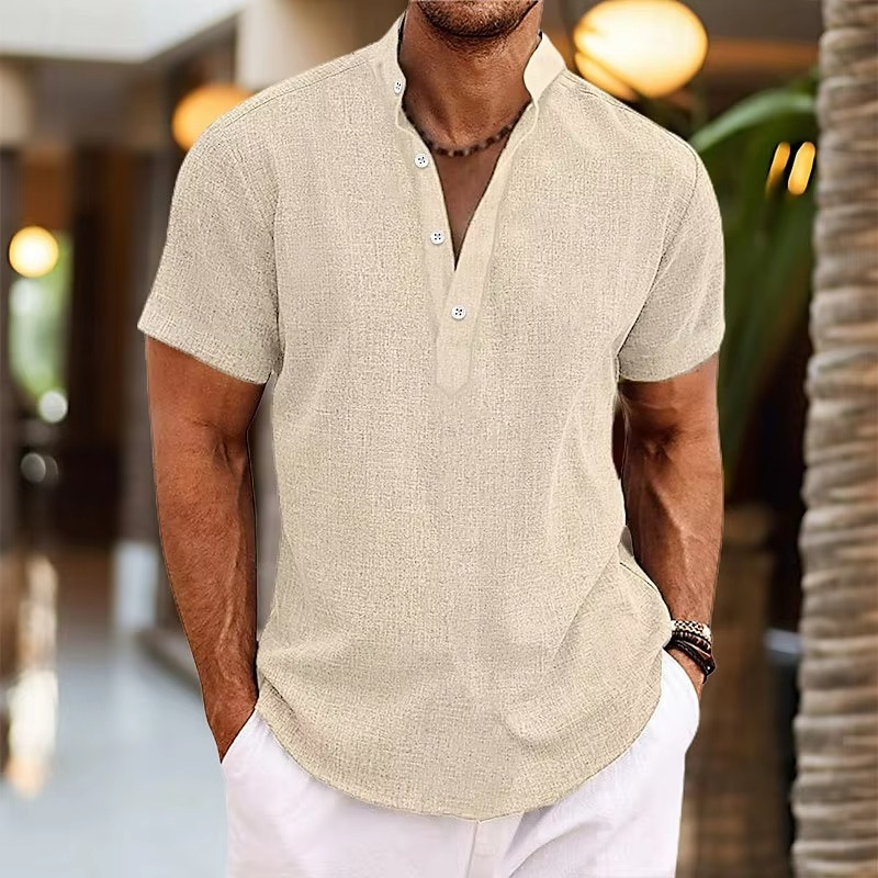 Men's Short Sleeve Linen Henley Shirt Casual Everyday Top With Button Placket Breathable Lightweight Fabric