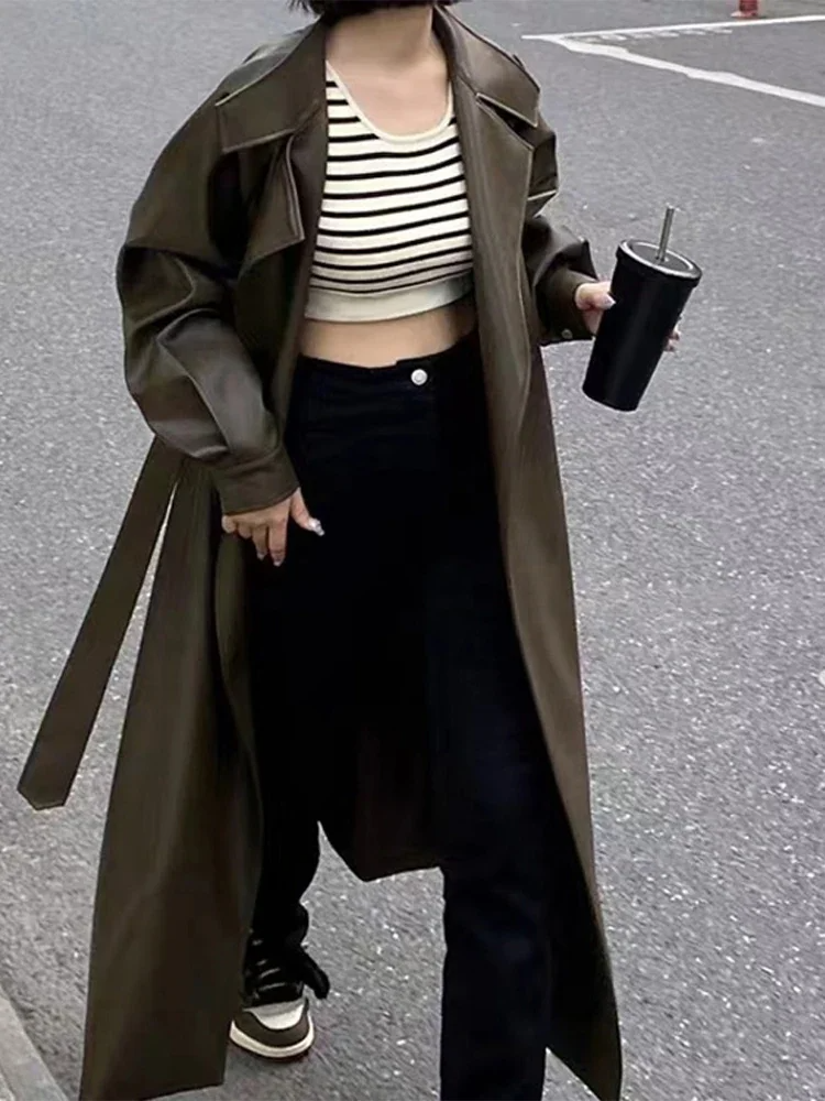 Street-wave Womens Long Coat Faux Leather Look With Tailored Fit And Classic Lapel