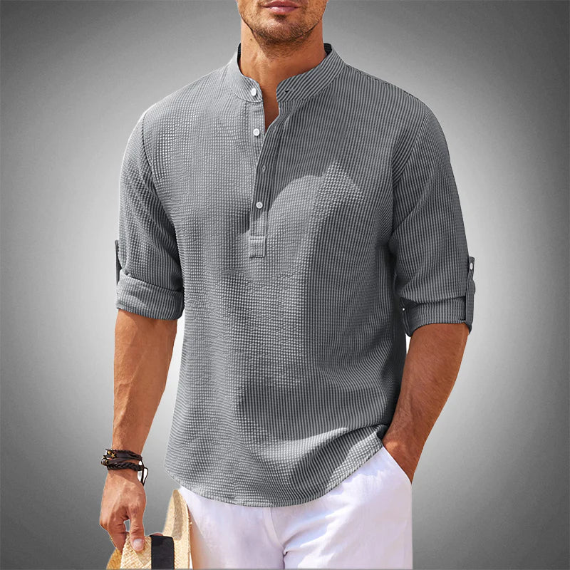Men's Linen Blend Shirt Mandarin Collar Street Wave Breathable Relaxed Fit