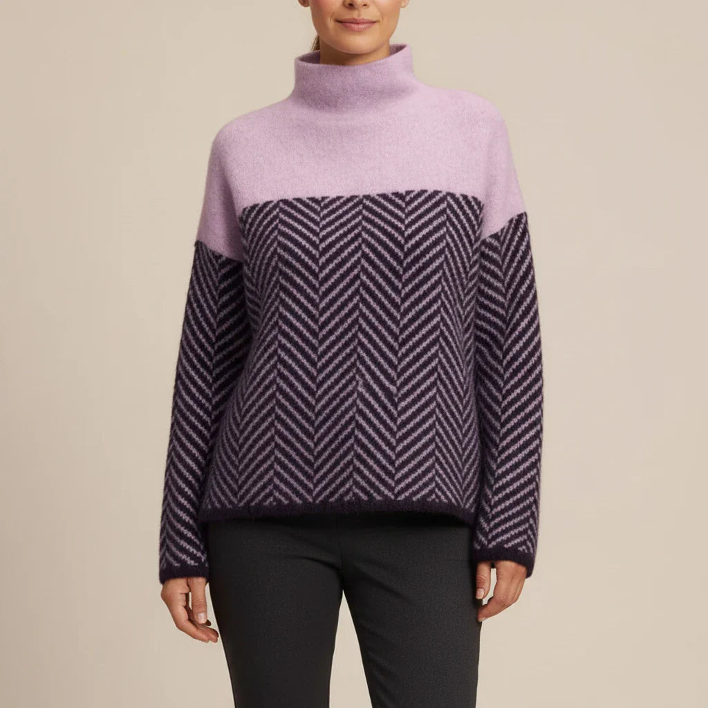 Street Wave Women's Oversized Turtleneck Color Block Sweater With Chevron Pattern