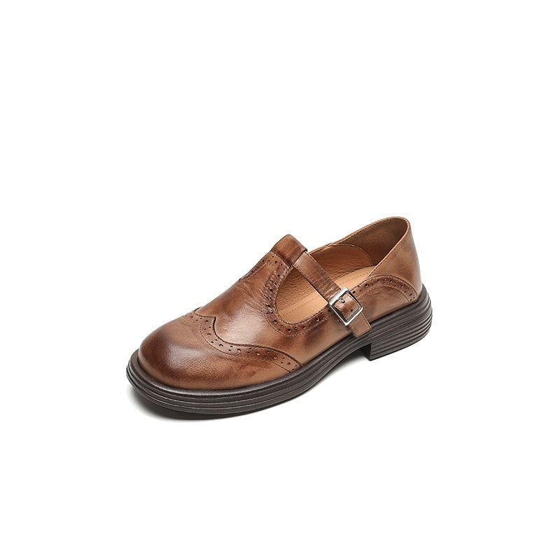 Women's T-Strap Mary Jane Shoes with Brogue Design and Block Heel