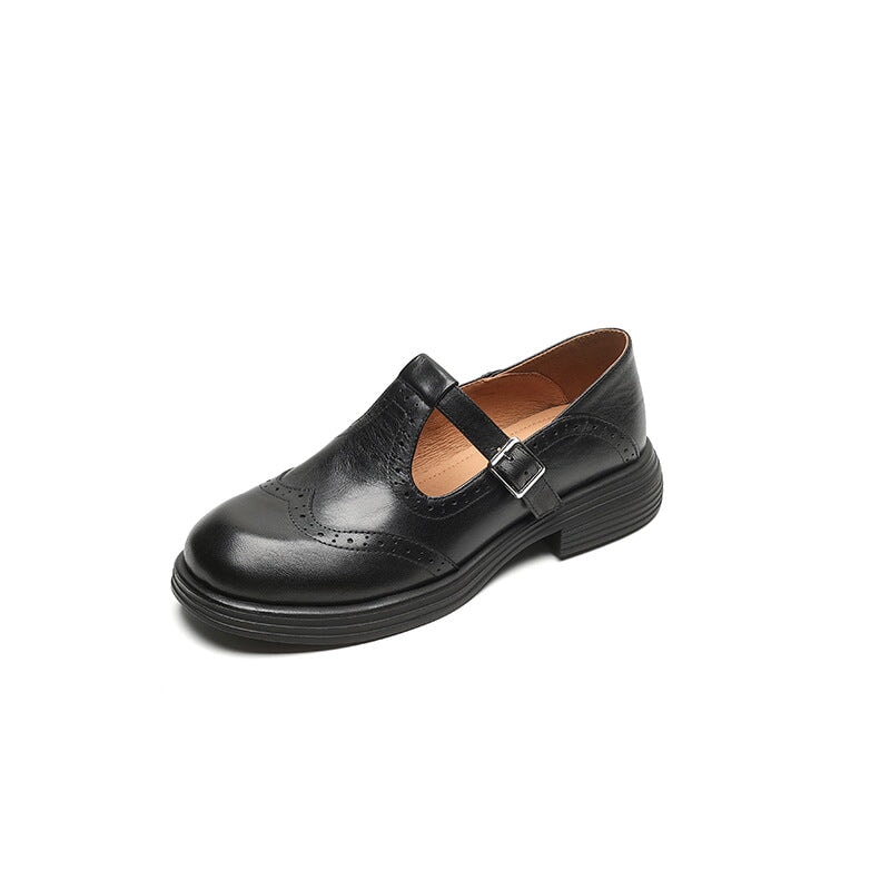 Women's T-Strap Brogue Shoes with Block Heel and Classic Design