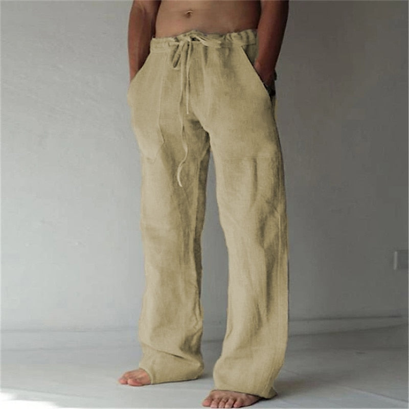 Men's Linen Pants Breathable Lightweight Drawstring Waist Loose Fit Casual Look For Summer