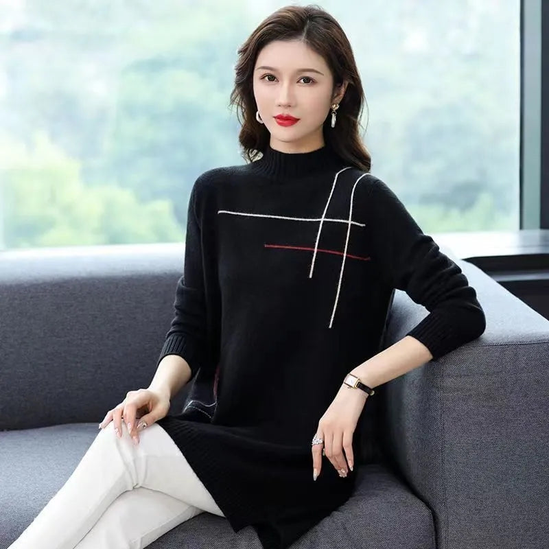 Street Wave Women Knit Dress Cozy Mock Neck Pullover For Fall Winter Casual Chic