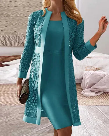Street-Wave Two Piece Lace Dress Set For Women Elegant Knee Length Dress With Lace Overlay