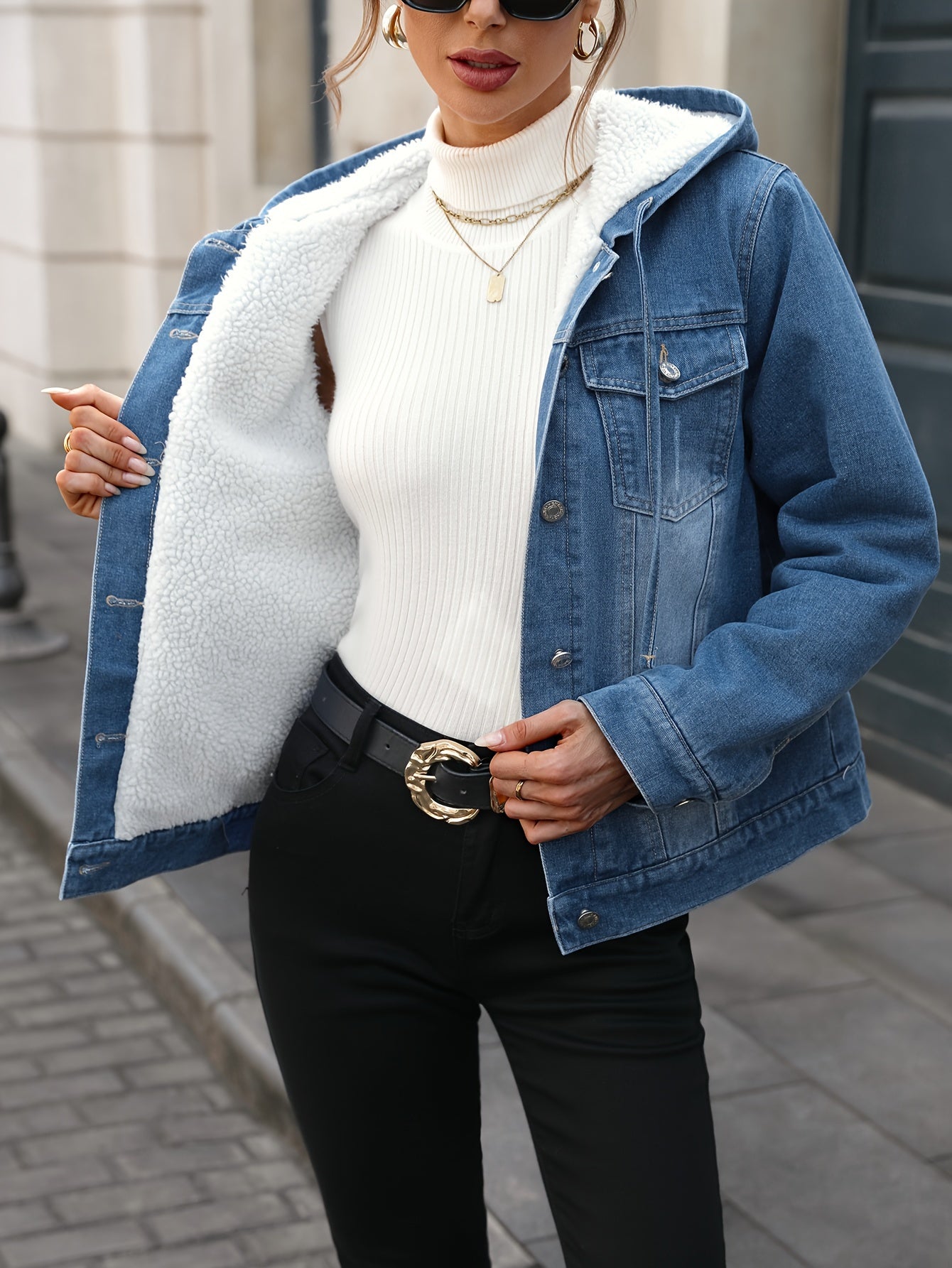 Street-wave Denim Jacket With Sherpa Lining And Hood For Women Warm And Modern
