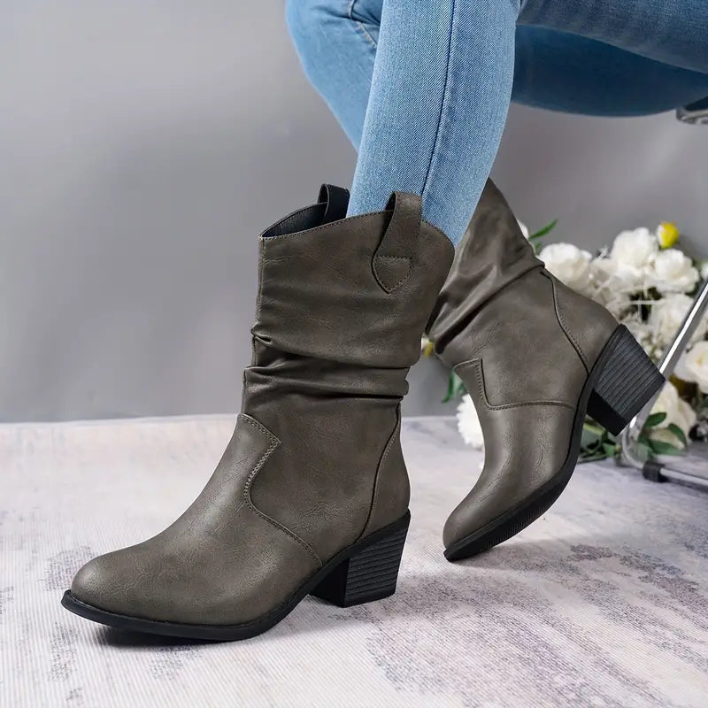 Street-wave Rustic Leather Boots For Women With Slouchy Western Style And Sturdy Block Heel