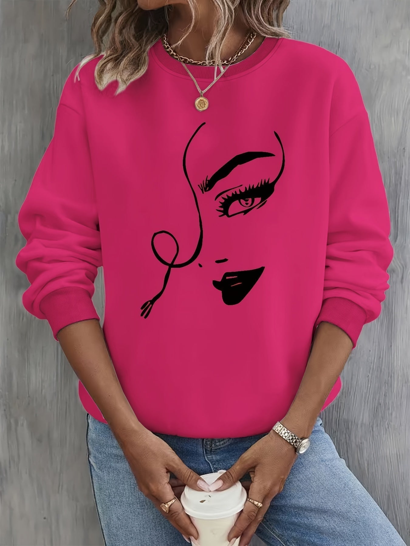 Street Wave Artistic Face Sweatshirt Cotton Comfort For Fashion Forward Everyday Wear