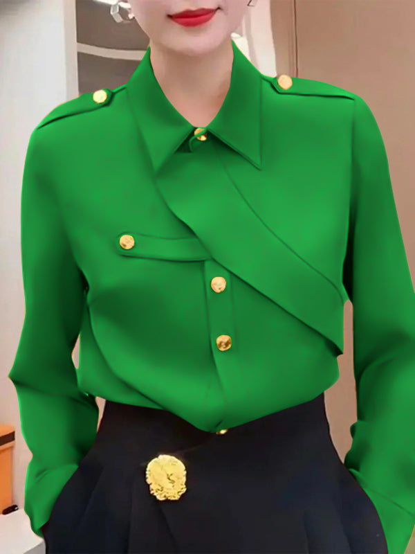 Street Wave Women Wrap Blouse Versatile Comfortable Top With Gold Button Accents