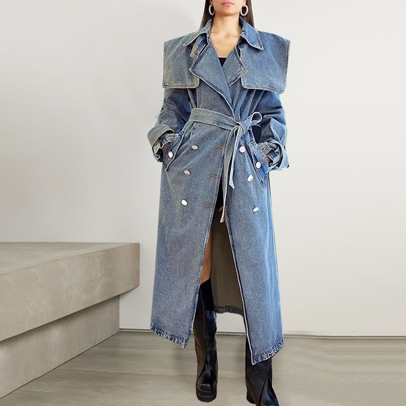 Street-wave Royal Blue Denim Trench Coat For Women With Belted Silhouette And Timeless Style