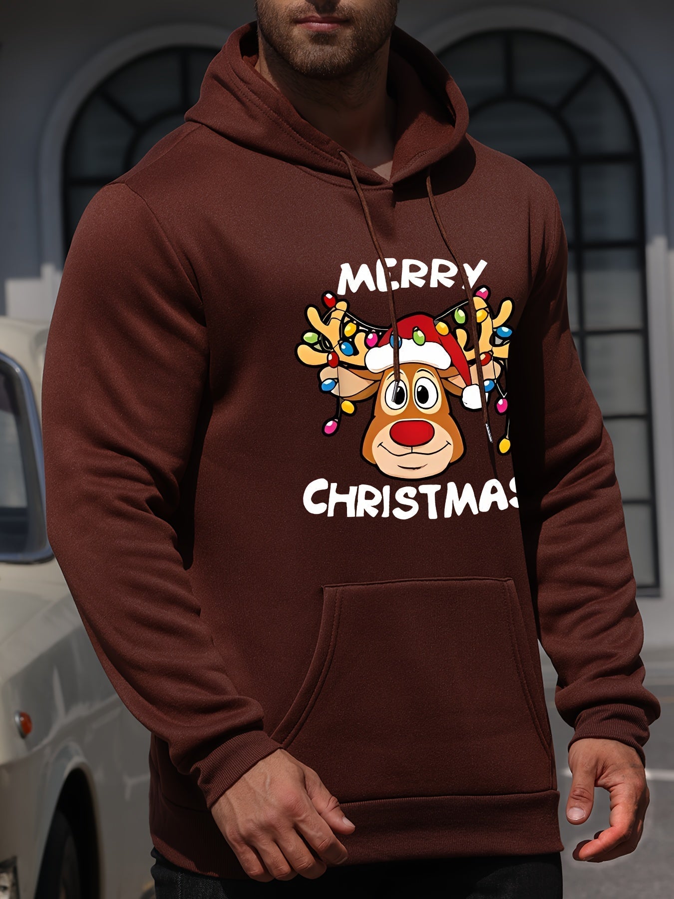 Street-Wave Christmas Hoodie With Reindeer Print Polyester Cozy Festive Design For Holiday Shoppers