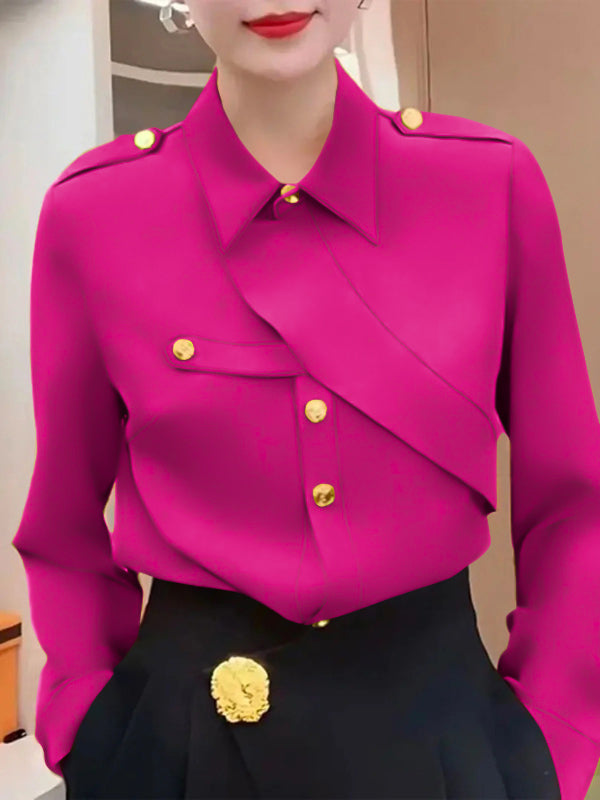 Street Wave Women Wrap Blouse Versatile Comfortable Top With Gold Button Accents