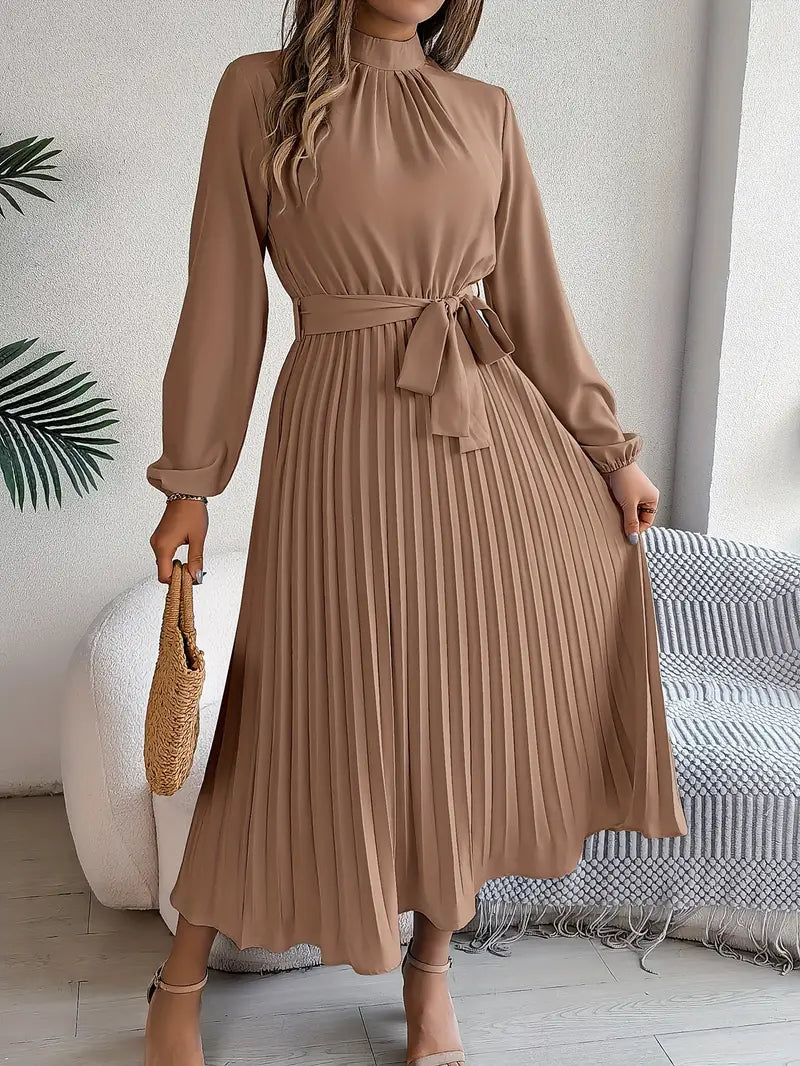 Street-wave Timeless Elegant Pleated Belt Maxi Dress With Stand Collar For Women