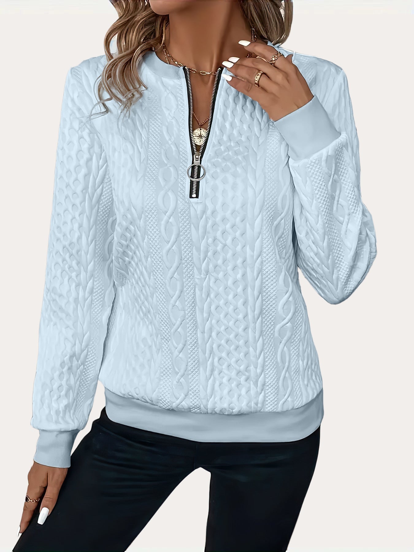 Street Wave Unisex Cable Knit Zip Sweater Relaxed Fit Casual