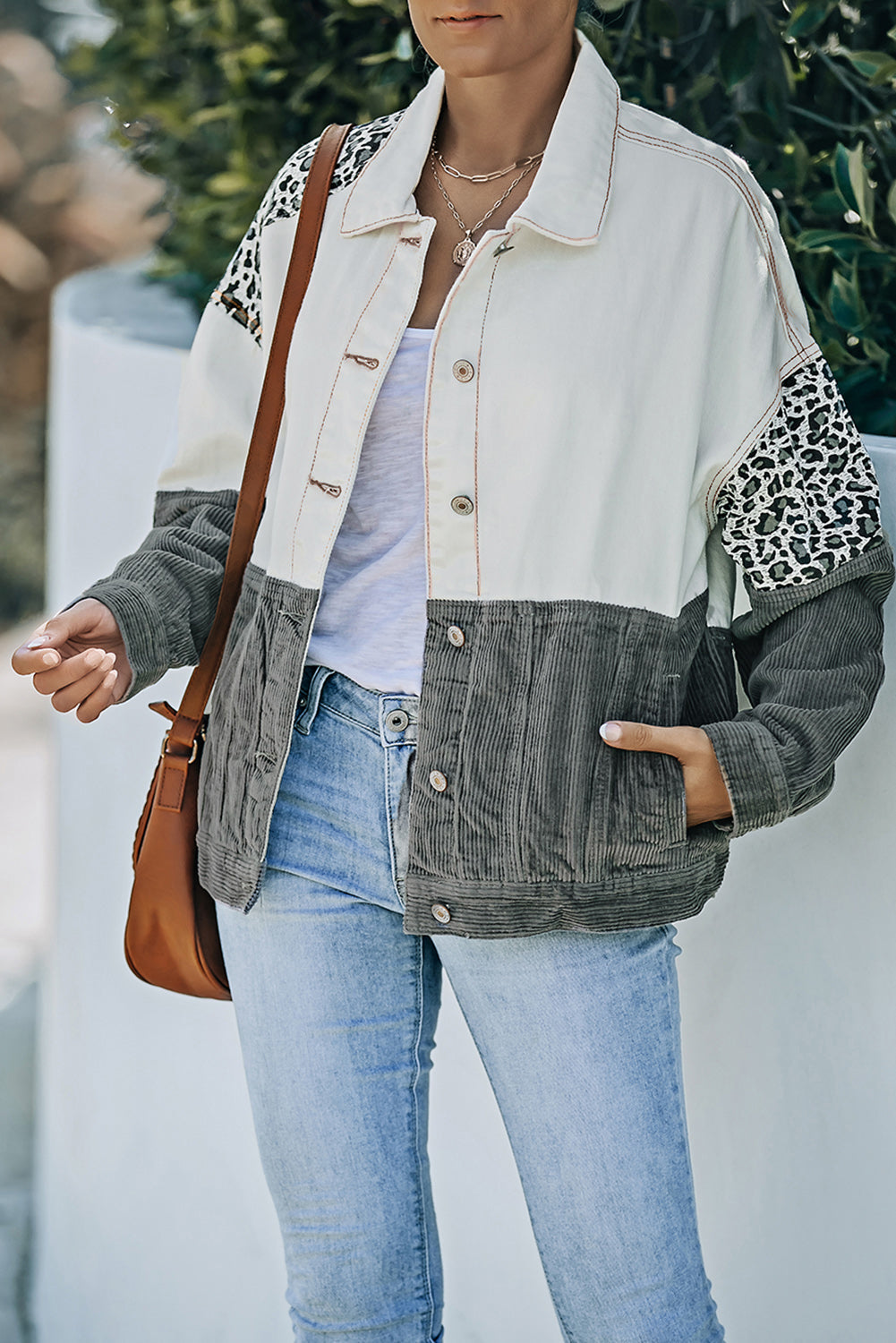 Street-Wave Leopard Colorblock Corduroy Cotton Jacket For Women Button Closure Casual Streetwear