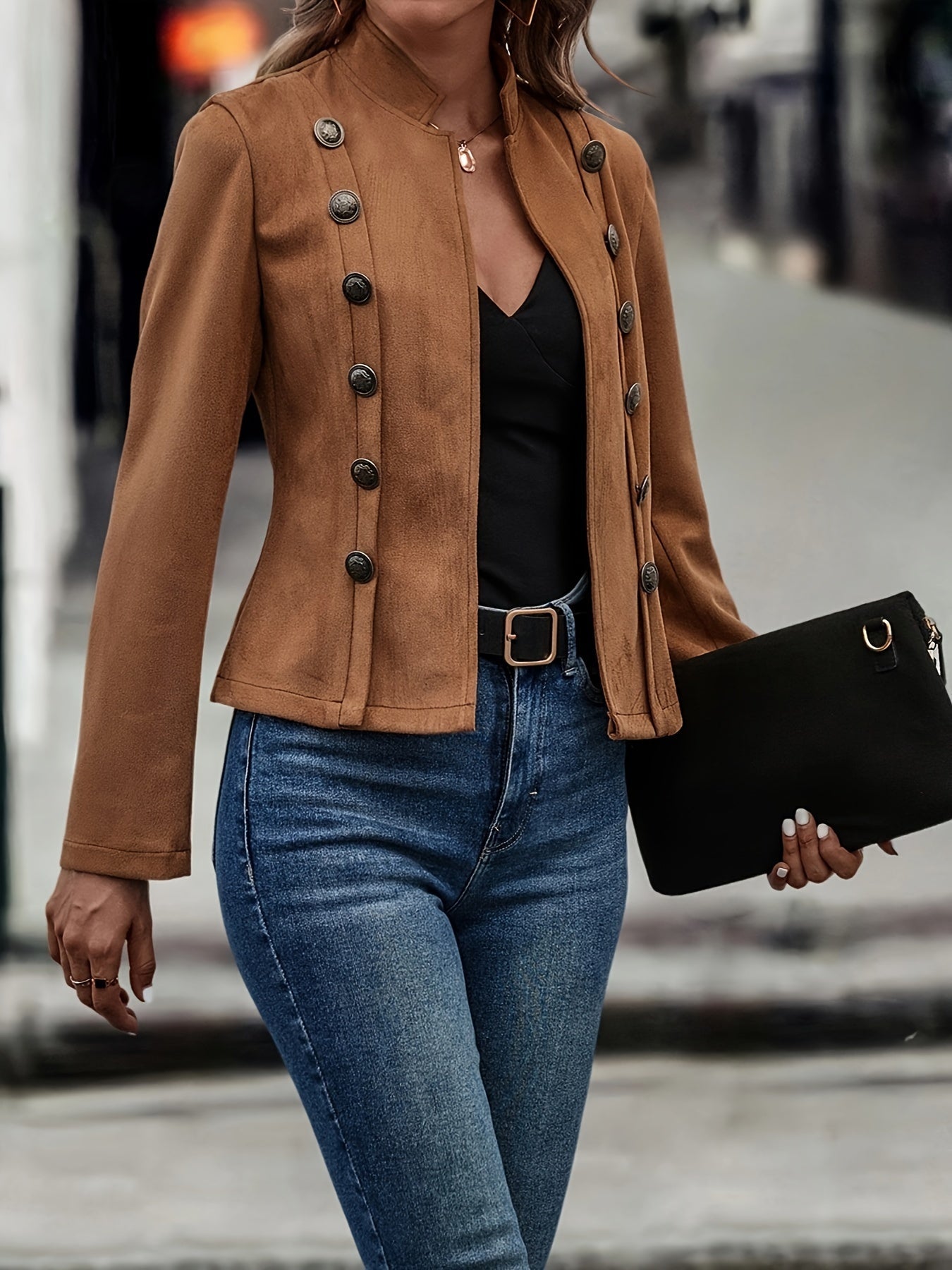Street-wave Military Inspired Blazer With Button Details Polyester For Women Sleek And Sharp