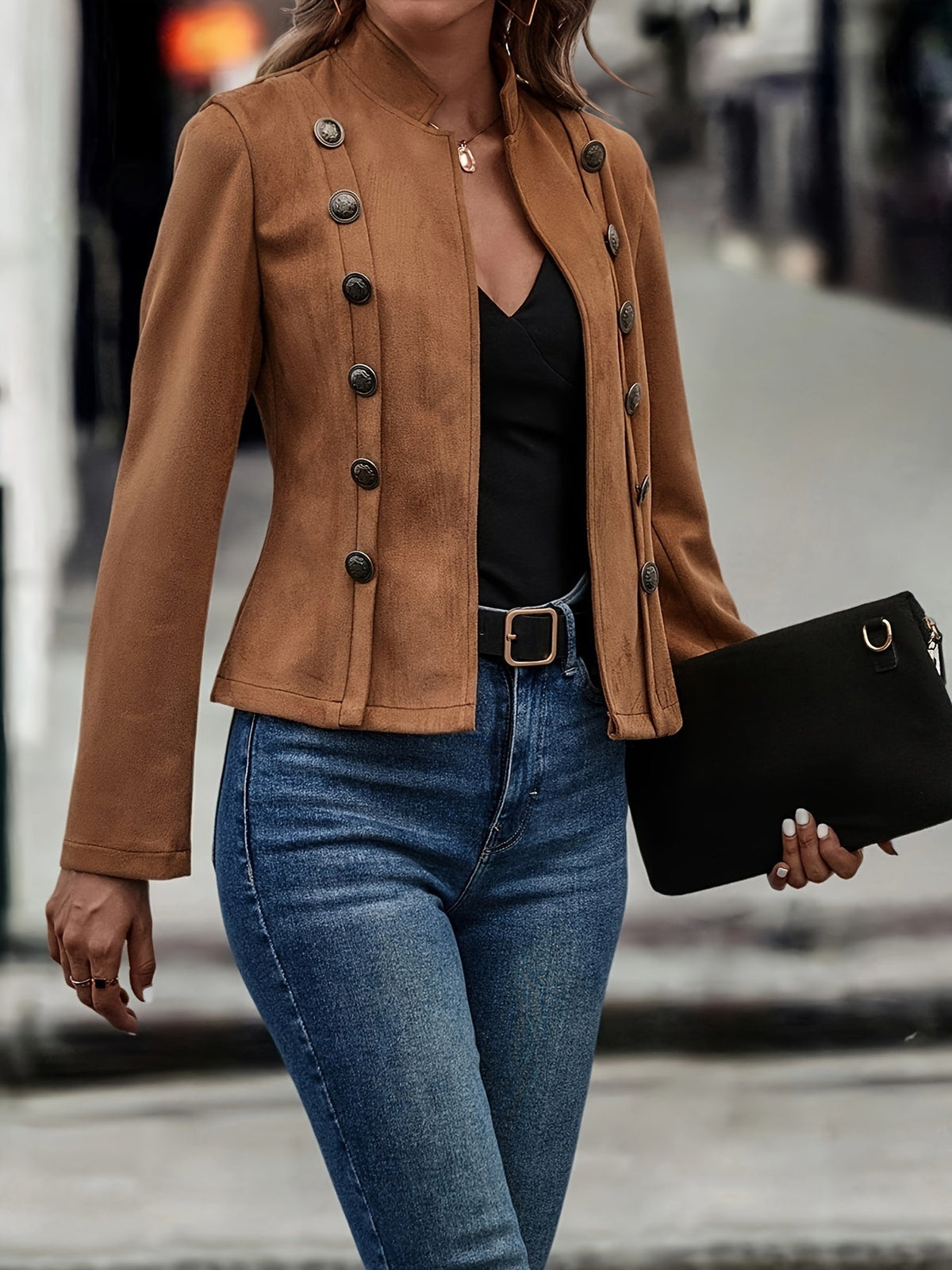 Street-wave Military Inspired Blazer With Button Details Polyester For Women Sleek And Sharp