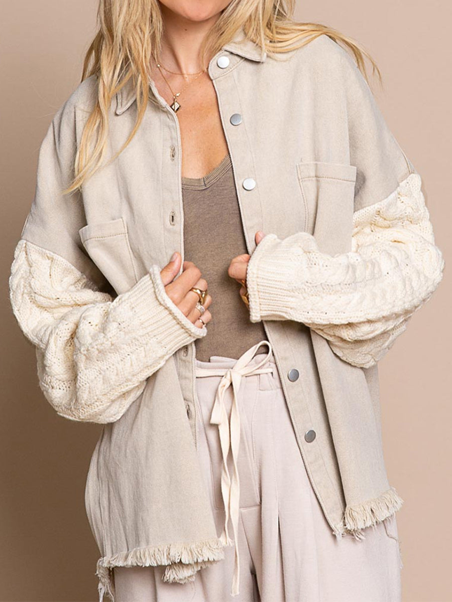 Street-Wave Cable Knit Sleeve Denim Jacket With Raw Hem For Women Trendy Casual Outerwear