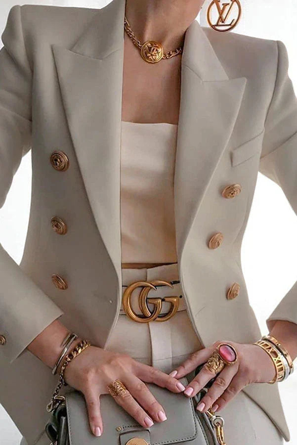 Street-Wave Knee Length Blazer For Modern Women With Gold Button Double Breasted Style