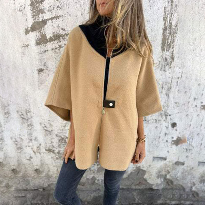 Street Wave Bicolor Long Coat for Elegant Layering Women Two Tone Jacket with High Collar and Zip Front